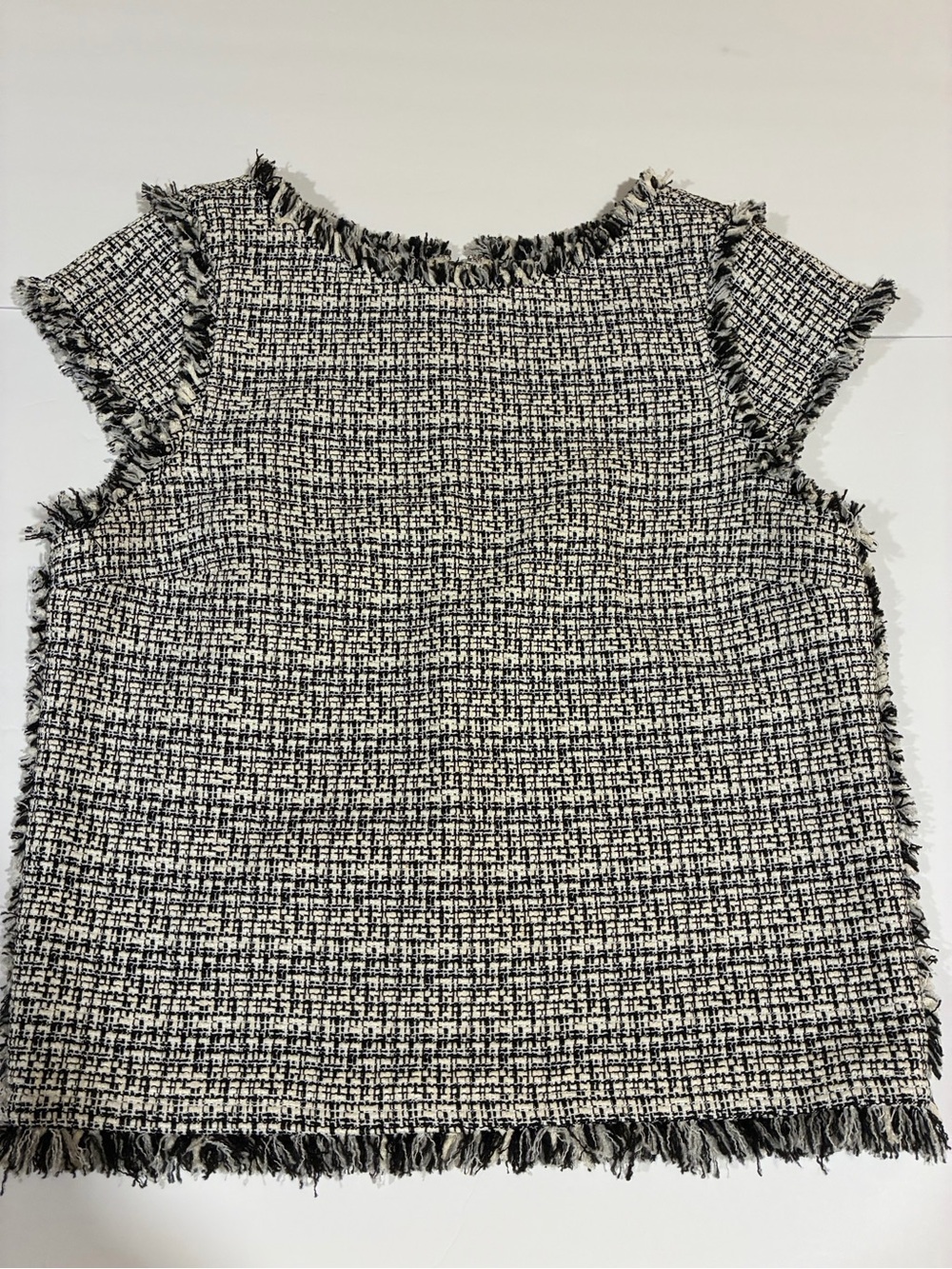 Alice + Olivia Black and White Tweed Fringed Cap-Sleeve Top